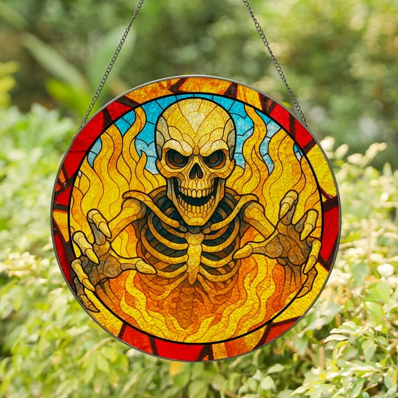 Lotusprinthandmade Skull Halloween Stained Glass Suncatcher for Window Hanging Cir4in, skull window hanging, halloween skull glass suncatcher