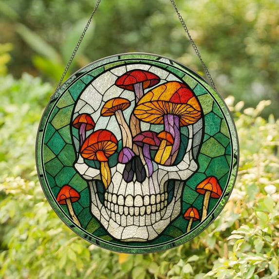 Lotusprinthandmade Skull with Mushroom Graphic Stained Glass Suncatcher for Window Hanging Cir7.8in, skull and mushroom stained glass, mushroom skull window hanging