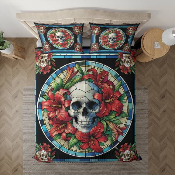 Lotusprinthandmade Skull Red Lily Bedding Set, Multicolor, 104x88