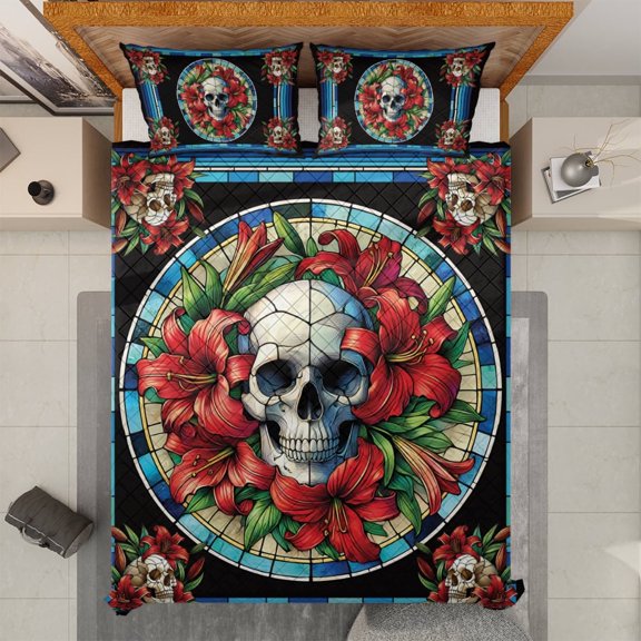 Lotusprinthandmade Skull Red Lily Quilt Bedding Set (White Binding) 5 Sizes (Made in Vietnam) (70x80), Vibrant And Playful Animal Print Quilt