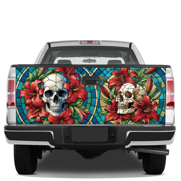 Lotusprinthandmade Skull Red Lily Tailgate Wrap 2 Sizes (24"x58"), Skull Graphic Tailgate Wrap