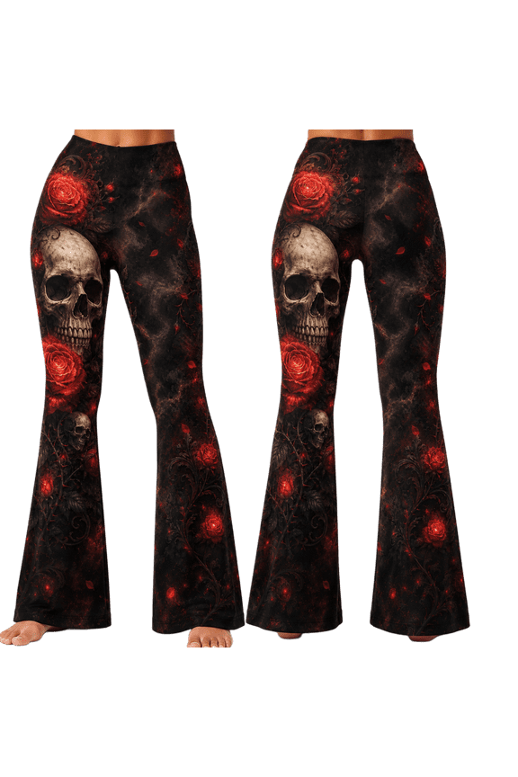 Skull Rose Floral Print All-over Print Flare Leggings XS-5XL (XS), skull pattern leggings