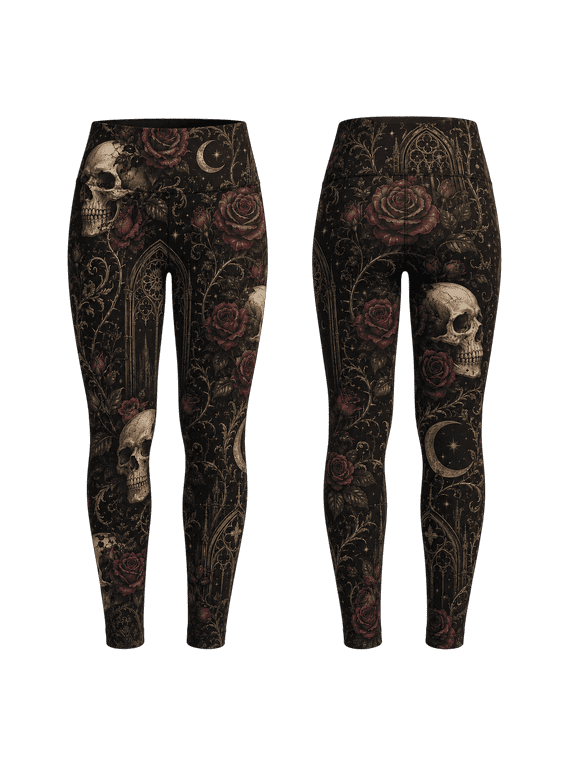 Lotusprinthandmade Skull Rose Standard Leggings, Gothic Floral Yoga Pants