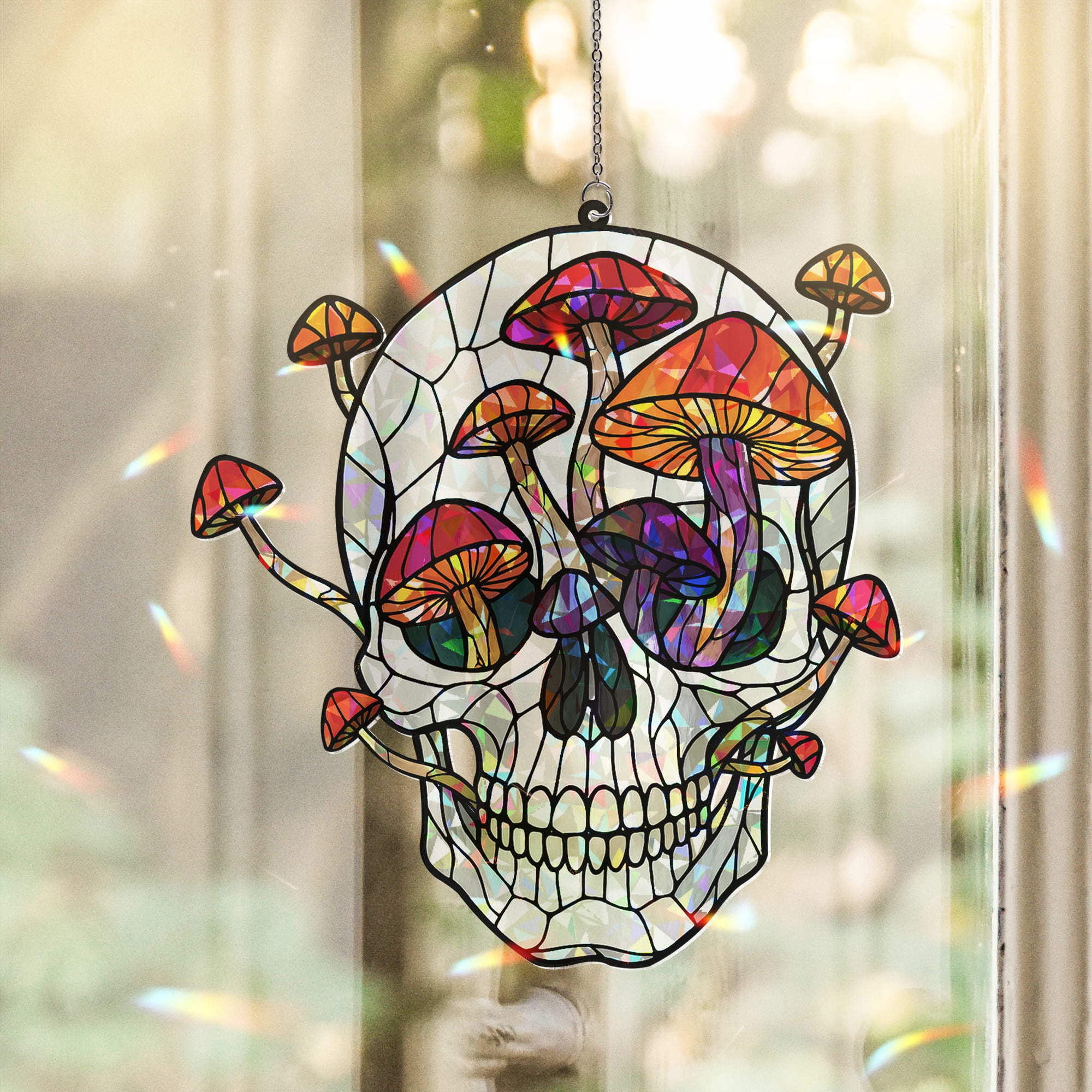 Lotusprinthandmade Skull with Mushroom Graphic Custom Shape Broken Glass Hologram Ornament 8in, holographic mushroom skull window hanging