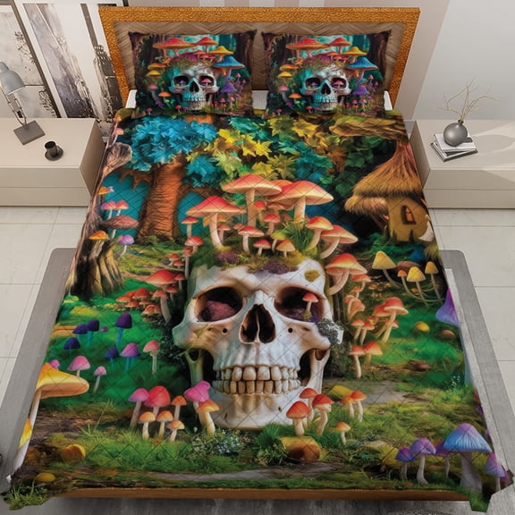 Lotusprinthandmade Skull with Mushroom Graphic Quilt Bedding Set White Binding
