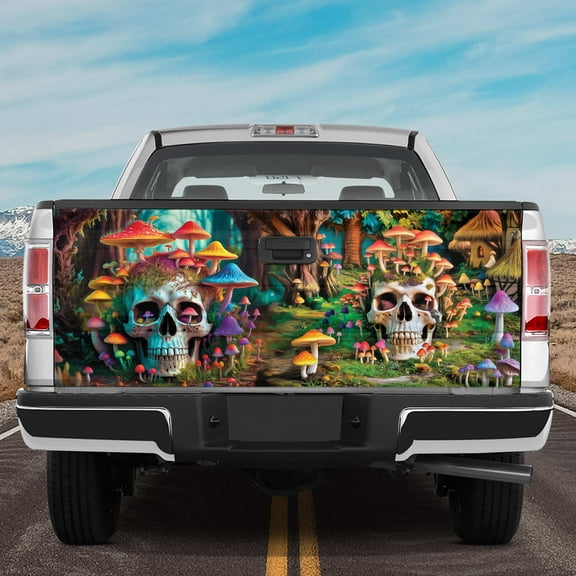 Lotusprinthandmade Skull with Mushroom Graphic Tailgate Wrap 2 Sizes (24"x58"), mushroom and skull truck decal, skull tailgate wrap