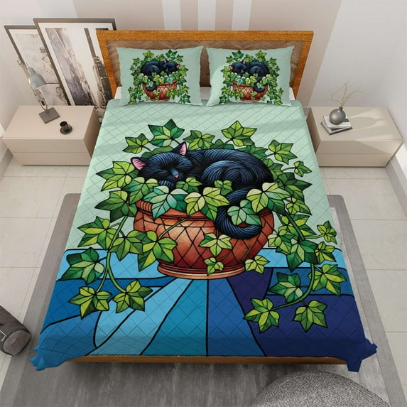 Lotusprinthandmade Sleeping Cat Lovers Quilt Bedding Set (White Binding) 5 Sizes (Made in Vietnam) (80x90), cute sleeping cat bedspread, cozy cat comforter set, cat quilt cover