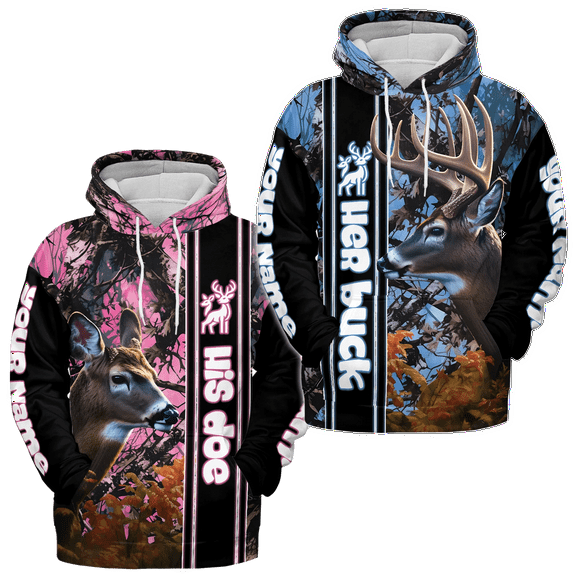 Lotusprinthandmade (Style 2) Couple Valentine's Day Deer Hunting His Doe/Her Buck Hoodie 3D (Lightweight) S-5XL Multicolor (5XL), Matching Deer Hunter Hoodie Set
