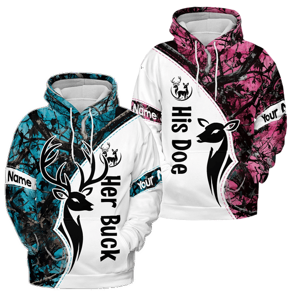 Lotusprinthandmade (Style 4) Couple Valentine's Day Deer Hunting His Doe/Her Buck Hoodie 3D (Lightweight) S-5XL Multicolor (4XL), Matching Deer Hunter Hoodie Set