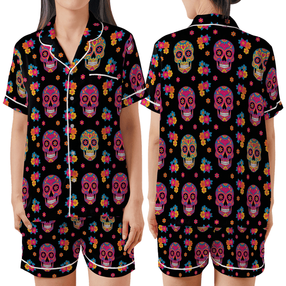 Lotusprinthandmade Sugar Skull All-over Print Satin Short-Sleeve Pajamas Set (3XL), sugar skull pajama set, halloween sleepwear for women