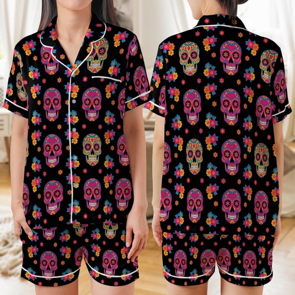 Lotusprinthandmade Sugar Skull All-over Print Satin Short-Sleeve Pajamas Set (L), sugar skull pajama set, halloween sleepwear for women