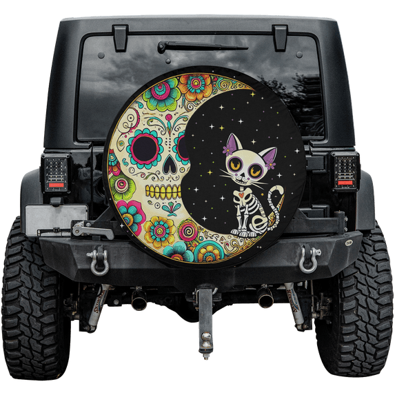 Lotusprinthandmade Sugar Skull Cat Moon Dia De Los Halloween Spare Tire Cover Without Backup Camera Hole 6 Sizes (30 in.)