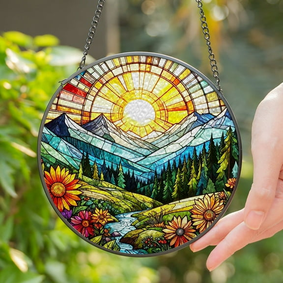 Lotusprinthandmade Sunshine on Mountain Range Stained Glass Suncatcher for Window Hanging Cir4in, Nature Decor Art