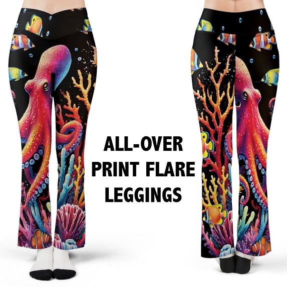 Lotusprinthandmade Super Cute Octopus Print All-over Print Flare Leggings XS-5XL (4XL), Super Cute Octopus pattern leggings, Super Cute Octopus high-waist leggings, Super Cute Octopus yoga leggings