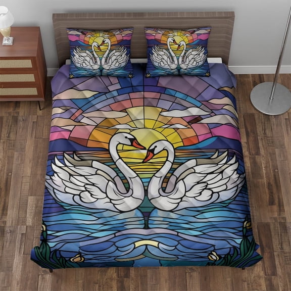 Lotusprinthandmade Swan Couple Quilt Bedding Set Fold Hem