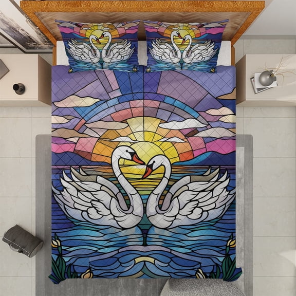 Lotusprinthandmade Swan Couple Quilt Bedding Set (White Binding) 5 Sizes (Made in Vietnam) (70x80), Swan Couple Art Quilt Bedding Set