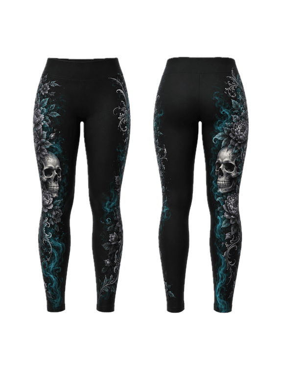 Teal Smoke Skull Floral Standard Leggings, Gothic Yoga Pants