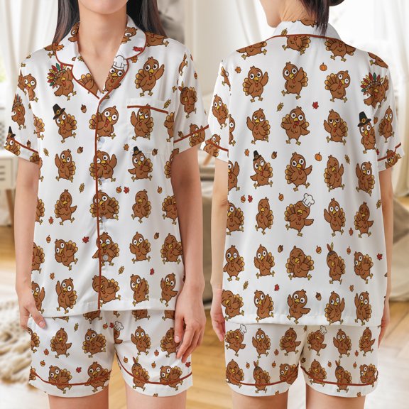 Lotusprinthandmade Thanksgiving Turkey All-over Print Satin Short-Sleeve Pajamas Set (2XL), thanksgiving pajama set, turkey pajamas