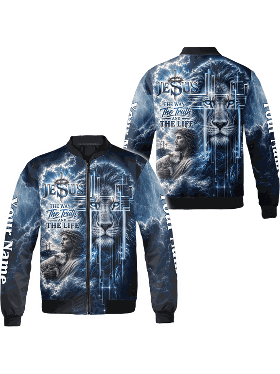 The Way The Truth And The Life Blue Jesus Bomber Jacket, Christian Inspirational Outerwear