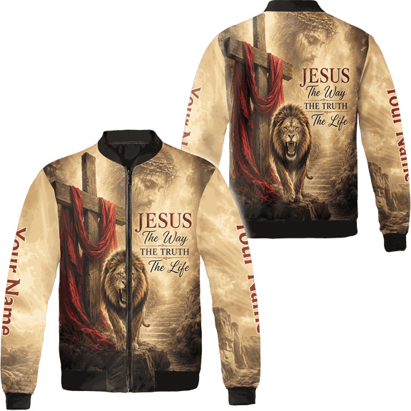 Lotusprinthandmade The Way The Truth And The Life Jesus Cross Bomber Jacket, Christian Scripture Outerwear