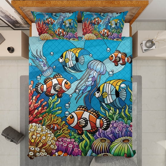 Lotusprinthandmade Tropical Fish and Coral Reef Quilt Bedding Set (White Binding) 5 Sizes (Made in Vietnam) (55x60), Tropical Fish and Coral Reef Art Quilt Bedding