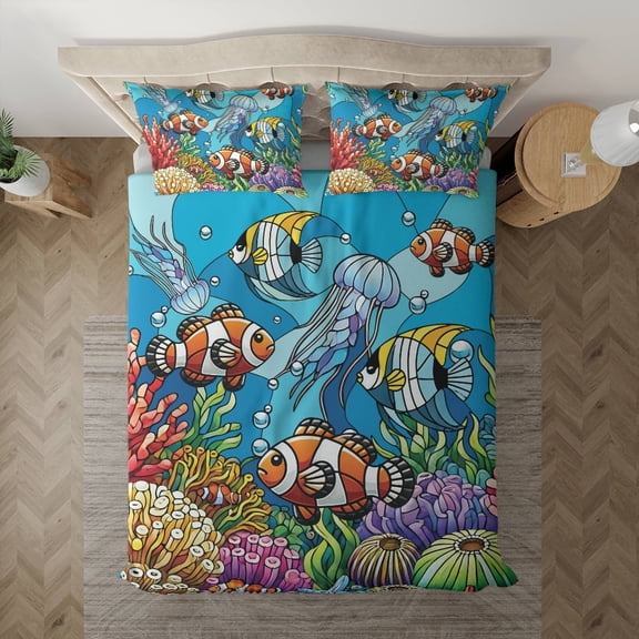 Lotusprinthandmade Tropical Fish and Coral Reef Bedding Set, Multicolor, 68x88