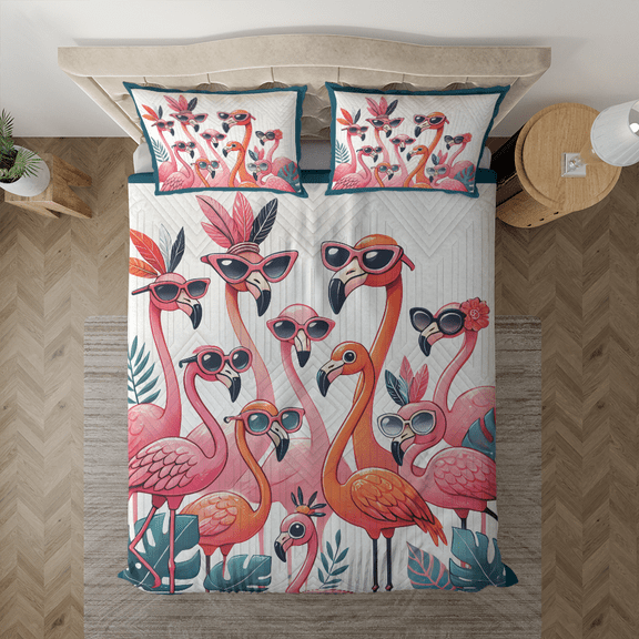 Lotusprinthandmade Tropical Flamingo Lovers Bedding Set (Made in Vietnam) (60x80), Flamingo Lovers Bed Set, Vibrant Flamingo Design Bedding