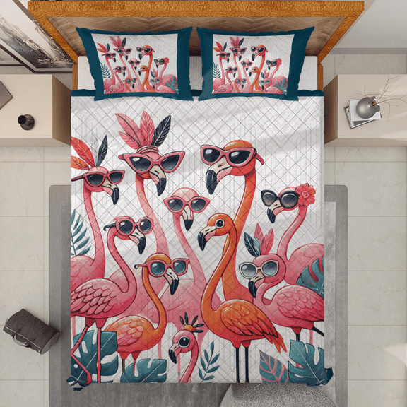 Lotusprinthandmade Tropical Flamingo Lovers Quilt Bedding Set White Binding