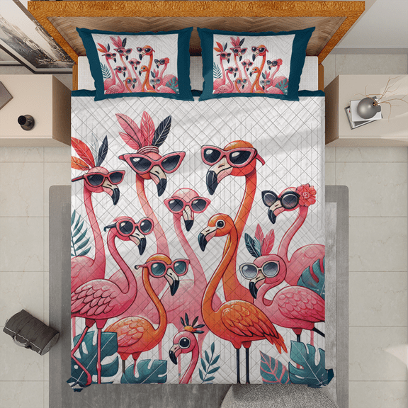 Lotusprinthandmade Tropical Flamingo Lovers Quilt Bedding Set (White Binding) 5 Sizes (Made in Vietnam) (90x100), Flamingo-Themed Quilt Bedding