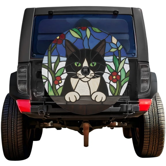 Lotusprinthandmade Tuxedo Cat Spare Tire Cover With Backup Camera Hole 6 Sizes (27 in.), cat lover spare tire cover, tuxedo cat spare wheel protector