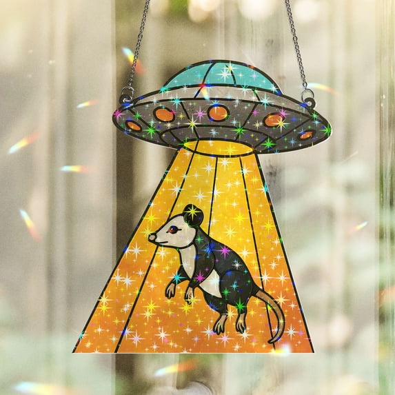 Lotusprinthandmade UFO and Opossum Floral Custom Shape Star Hologram Ornament 6in, ufo opossum hologram ornament, floral opossum ornament