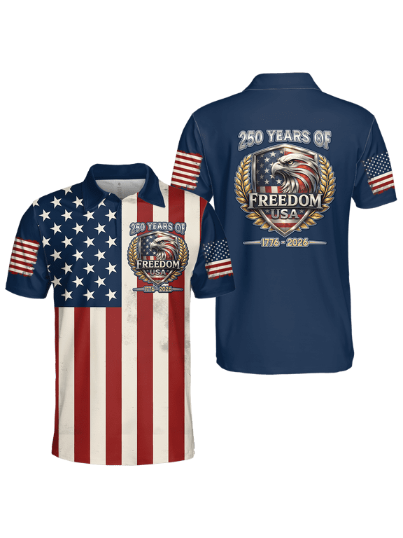 handmade US 250th Anniversary Eagle Polo Shirt, Multicolor, Patriotic Eagle Shirt