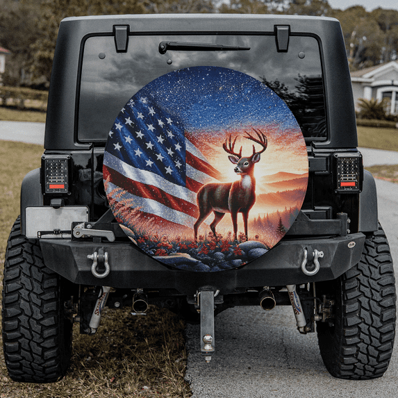 Lotusprinthandmade US Flag Deer Spare Tire Cover Without Backup Camera Hole, Deer Tire Cover (34 in)