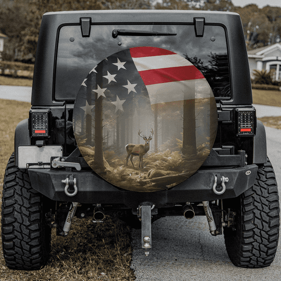 Lotusprinthandmade US Flag Deer Spare Tire Cover Without Backup Camera Hole