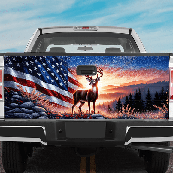 Lotusprinthandmade US Flag Deer Tailgate Wrap 2 Sizes 26"x66", Deer Tailgate Decal Sticker Wrap