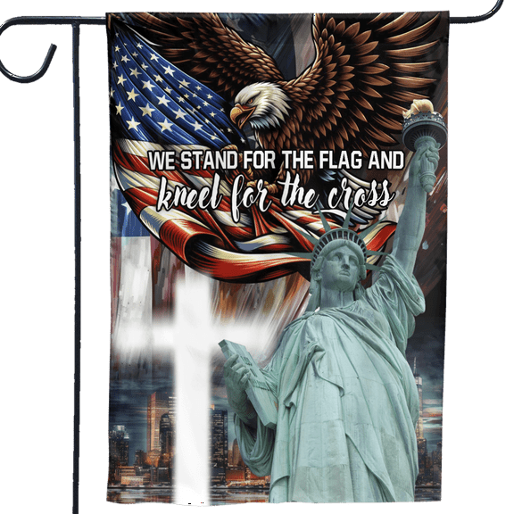 Lotusprinthandmade US Flag Eagle We Stand for The Flag and Kneel for The Cross 100% Polyester Garden Flag 2 Sizes