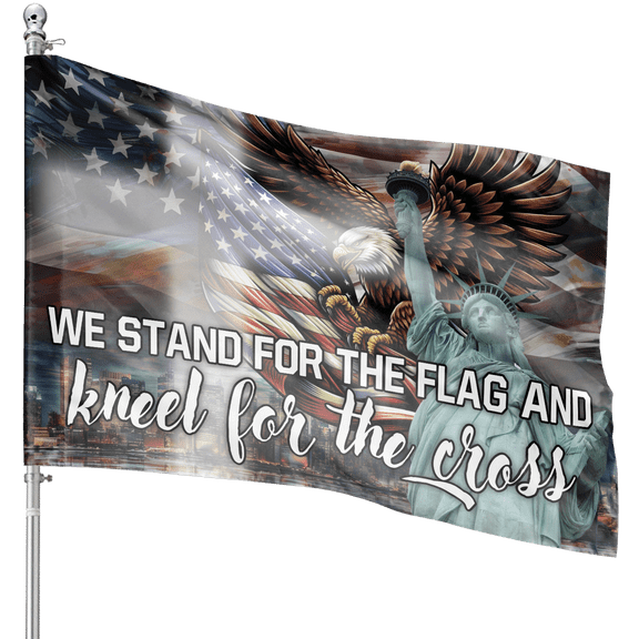 Lotusprinthandmade US Flag Eagle We Stand for The Flag and Kneel for The Cross 100% Polyester House Flag 2 Sizes