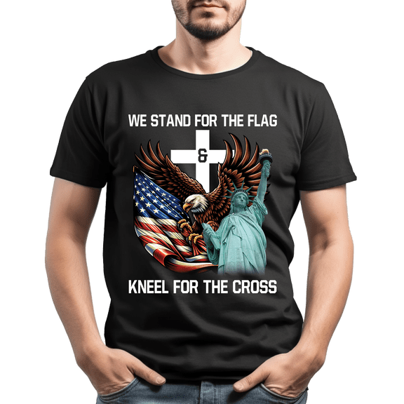 Lotusprinthandmade US Flag Eagle We Stand for The Flag and Kneel for The Cross Black Classic Unisex T-Shirt 100% Cotton S-5XL