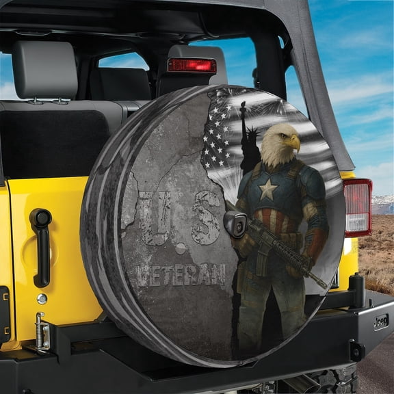 Lotusprinthandmade US Veteran Eagle America Flag Spare Tire Cover With Backup Camera Hole