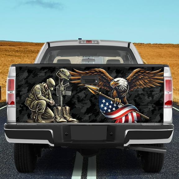 Lotusprinthandmade US Veteran Eagle Tailgate Wrap 2 Sizes (24"x58"), patriotic eagle truck tailgate decal, america flag veteran eagle truck wrap