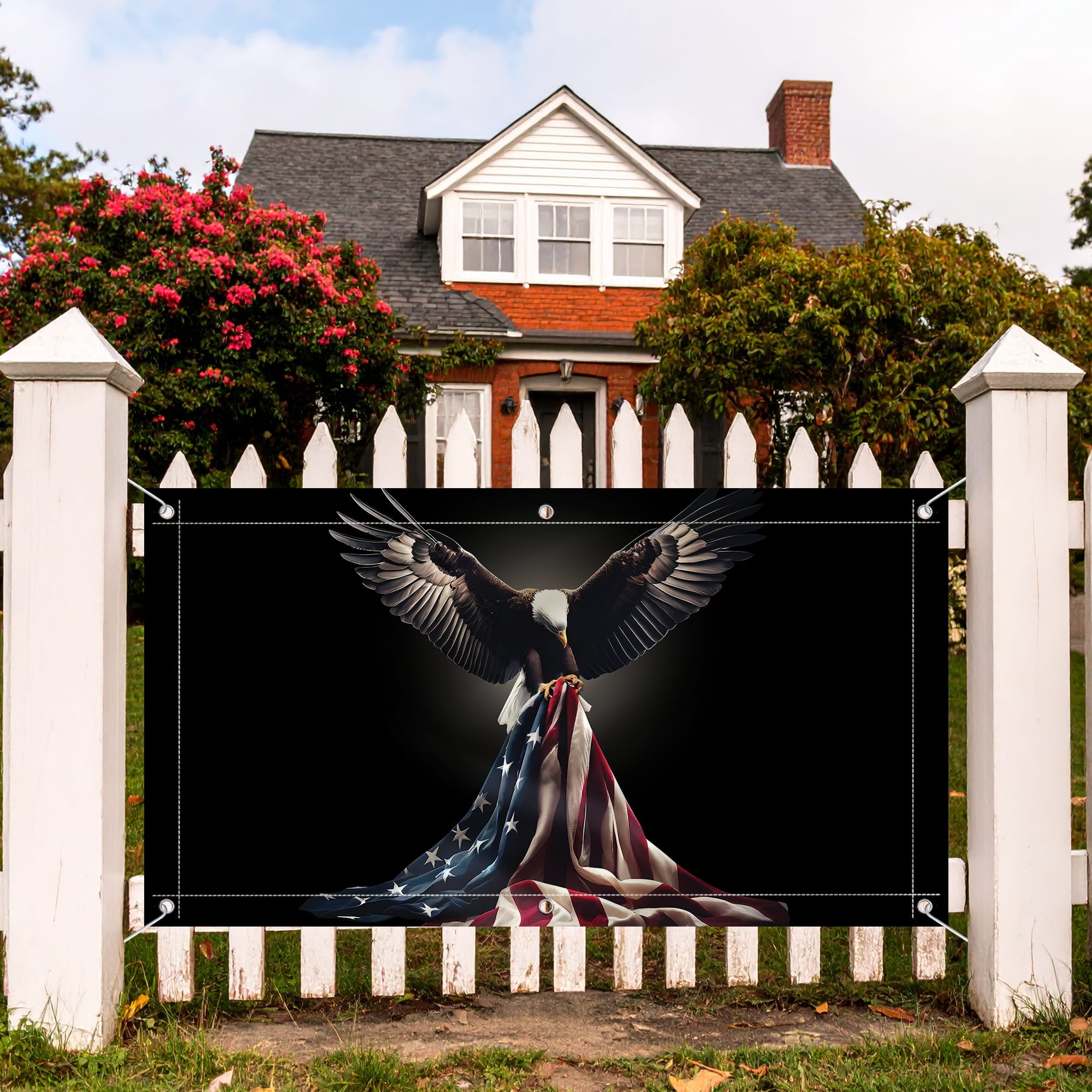 Lotusprinthandmade USA Flag Eagle 100% Polyester Rectangle Fence Flag (96x48 inches), Patriotic Symbol Fence Flag