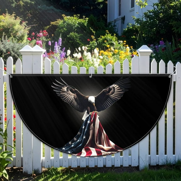 Lotusprinthandmade USA Flag Eagle 100% Polyester Semicircle Fence Flag (36x72 inches), Patriotic Symbol Fence Flag