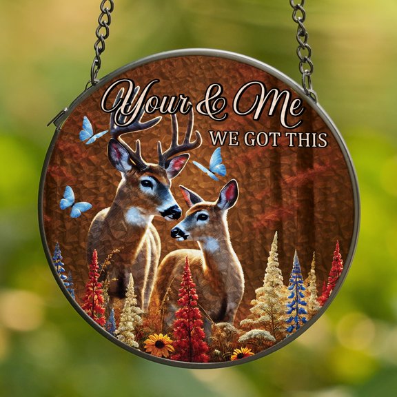 Lotusprinthandmade Valentine's Day Deer Couple Stained Glass Suncatcher for Window Hanging Cir4in, romantic deer lovers window hanging