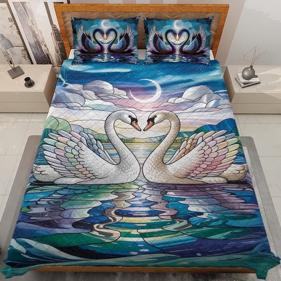 Lotusprinthandmade Valentine’s Day Gift Swan Couple Graphic Quilt Bedding Set, Fold Hem, 55x60