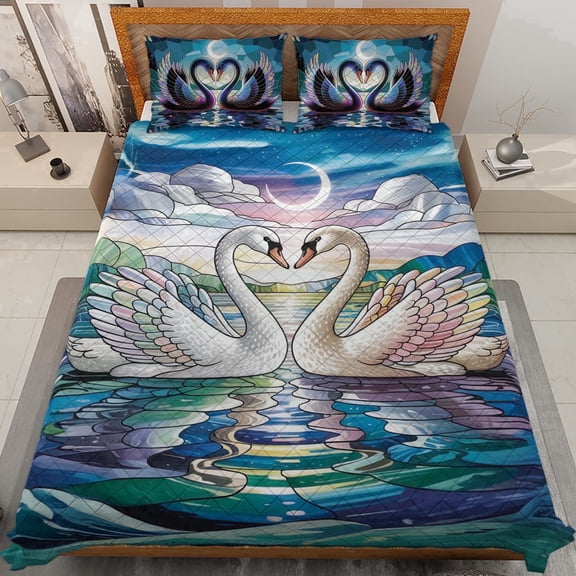 Lotusprinthandmade Valentine’s Day Gift Swan Couple Graphic Quilt Bedding Set, White Binding, 55x60