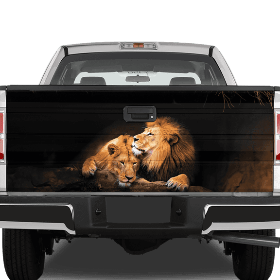 Lotusprinthandmade Valentine's Day Lion Couple Tailgate Wrap 2 Sizes (24"x58"), Romantic Lion Tailgate Cover, Lion Couple Love-Themed Tailgate Wrap