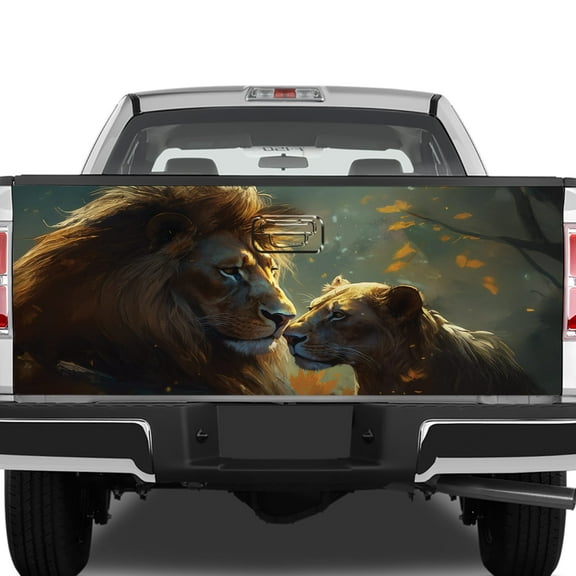 Lotusprinthandmade Valentine's Day Lion Couple Tailgate Wrap 2 Sizes (26"x66"), romantic lion lovers custom name tailgate wrap