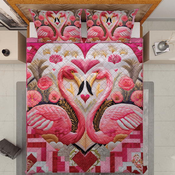 Lotusprinthandmade Valentine's Day Pink Flamingo Quilt Bedding Set (White Binding) 5 Sizes (Made in Vietnam) (60x70), Romantic Flamingo-Themed Quilt Bedspread