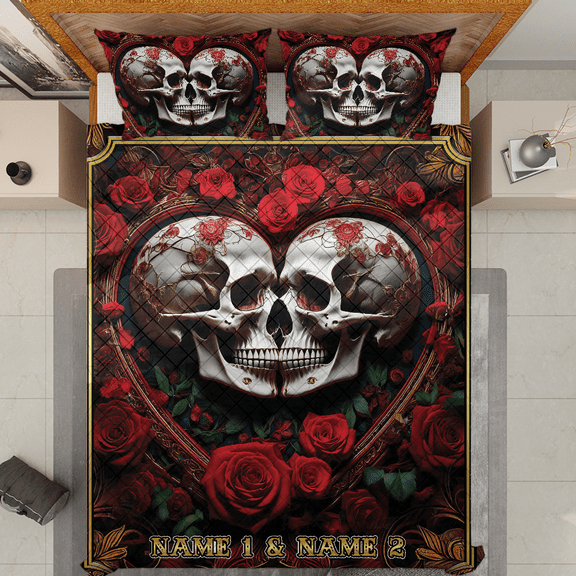 Lotusprinthandmade Valentine’s Day Skull Couple Quilt Bedding Set (White Binding) 5 Sizes (Made in Vietnam) (55x60), Romantic Skull-Themed Quilt Bedding