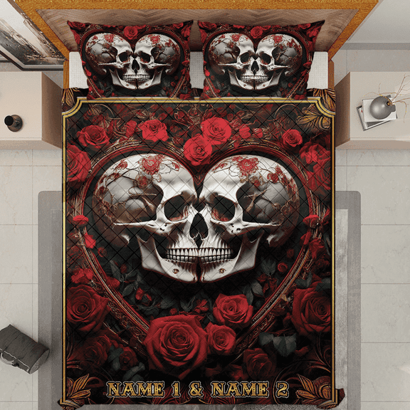 Lotusprinthandmade Valentine’s Day Skull Couple Quilt Bedding Set, White Binding, 90x100